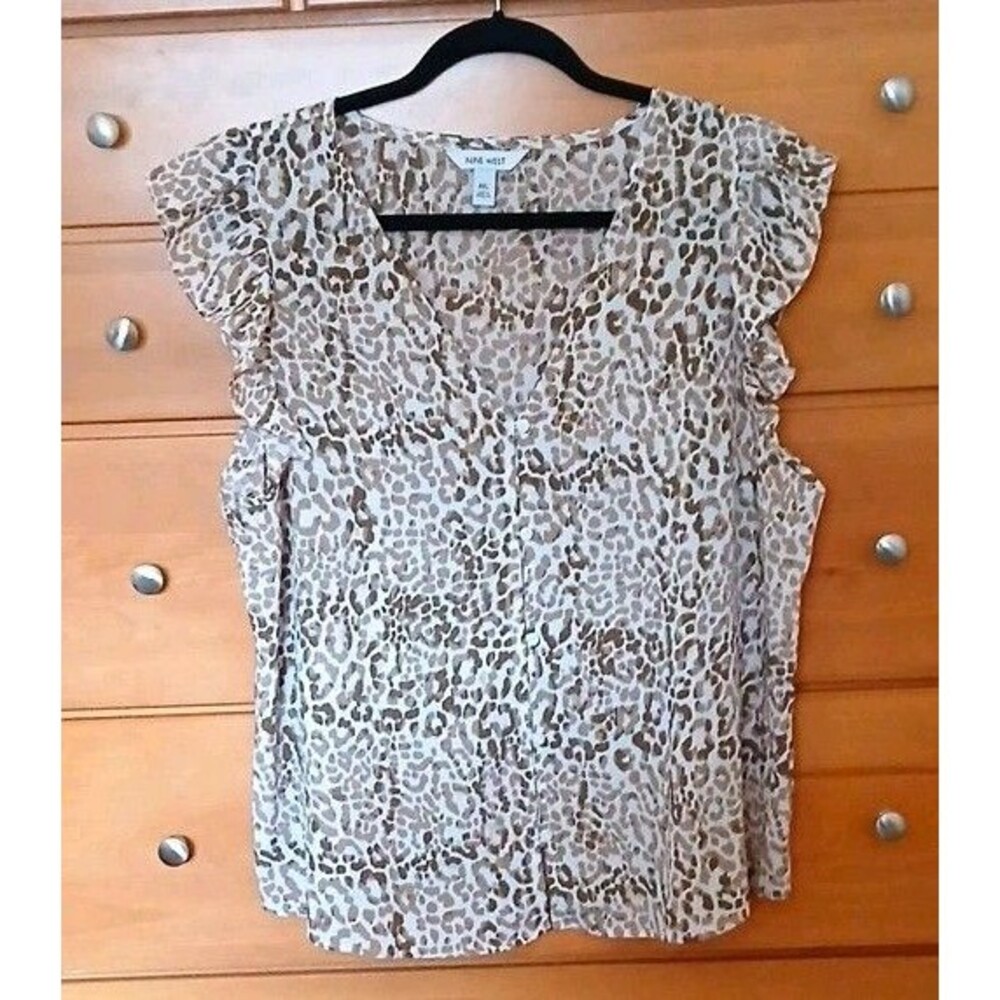 Nine West Womens XXL Animal Print V-Neck Flutter Short Sleeve Button Blouse Top